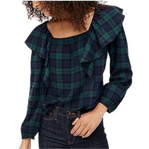 J. Crew | Flannel Square Neck Ruffle Plaid Blouse Size Large Petite NWT